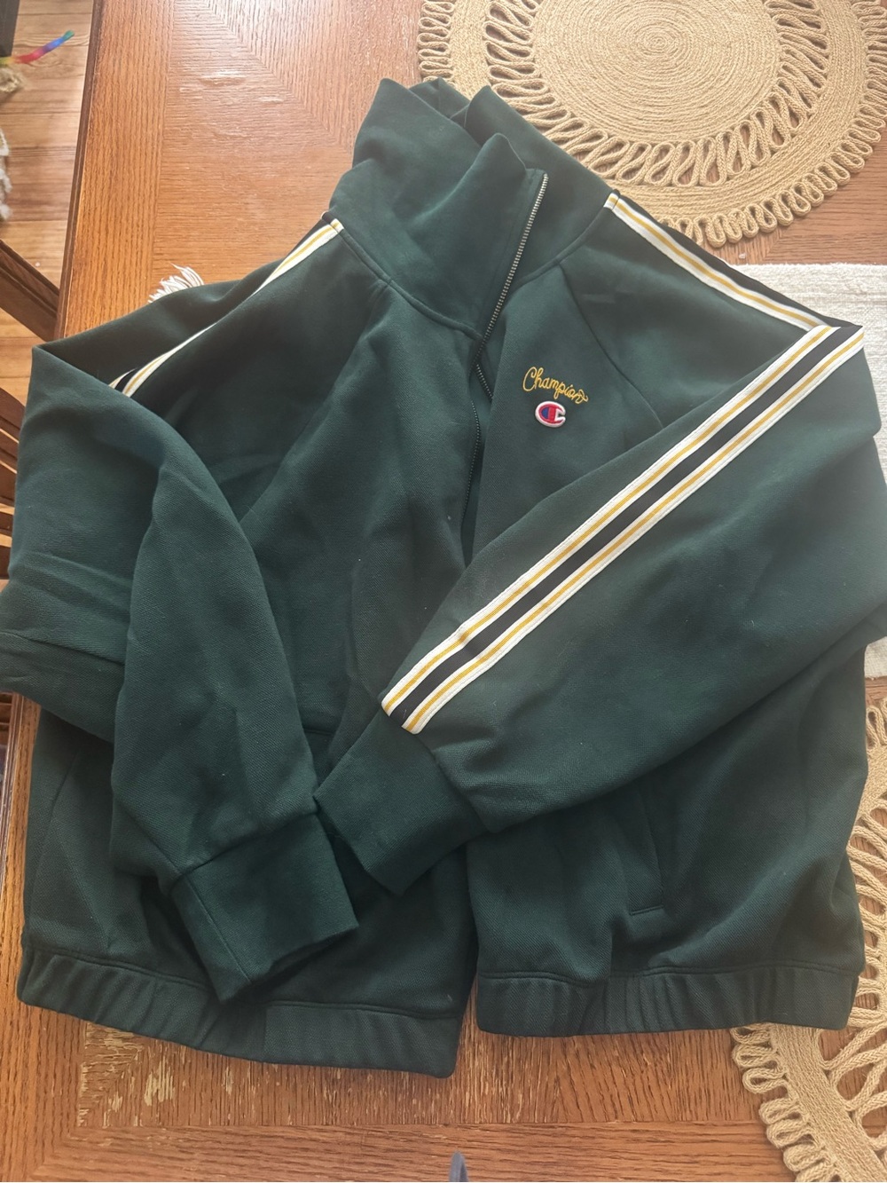 Champion Dark Green Women’s Zip-Front Jacket with Yellow & White Stripes